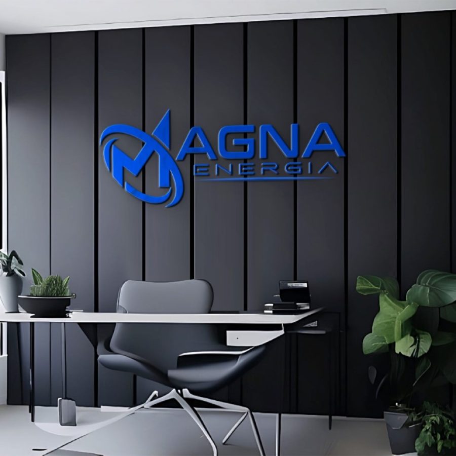 3D logo mockup on black wall office room